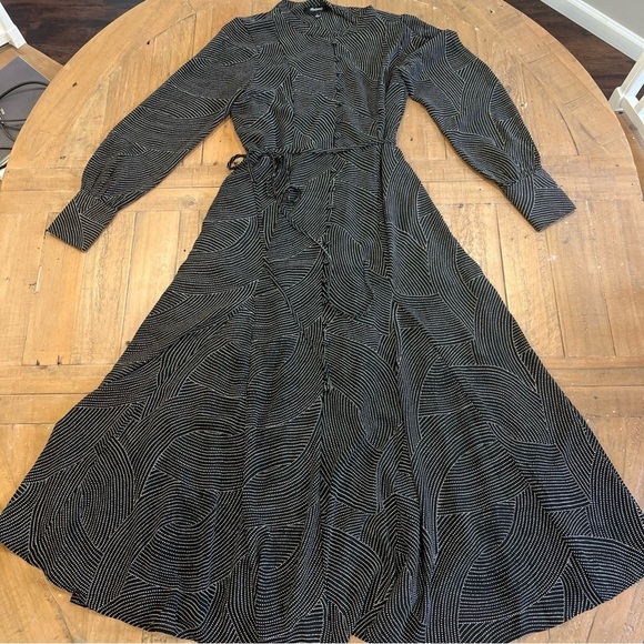 Madewell Tie Waist Midi Dress Black Dot Small Fit Flare Button Front Academia - Picture 2 of 10
